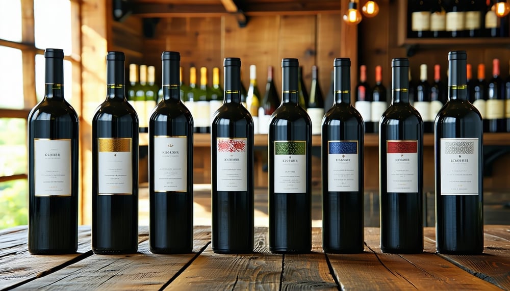 A selection of kosher wines on a rustic wooden table, showcasing the diversity and richness of flavors.